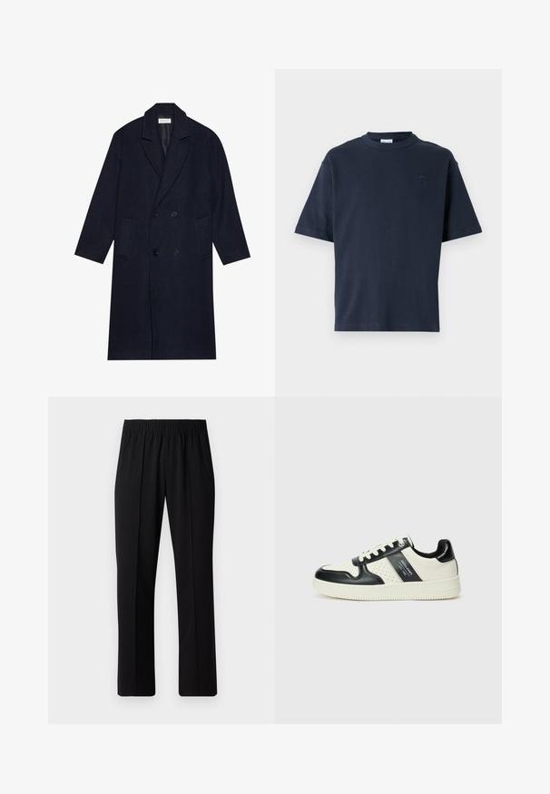 Donkerblauwe dubbelzijdige jas in een visgraatpatroon, met een kredietkraag, twee voorzakken en een gestructureerde stof.; Marineblauwe t-shirt met korte mouwen van katoen. Heeft een ronde hals en een subtiele logo op de borst. Recht gesneden ontwerp zonder patronen.; Zwarte, elastische broek met rechte pijpen, met een gladde textuur en zonder zichtbare patronen of hardware.; Leren sneakers met een zwart en crèmekleurig kleurenschema, voorzien van geperforeerde accenten, een gevoerde kraag en een gestructureerde buitenzool.