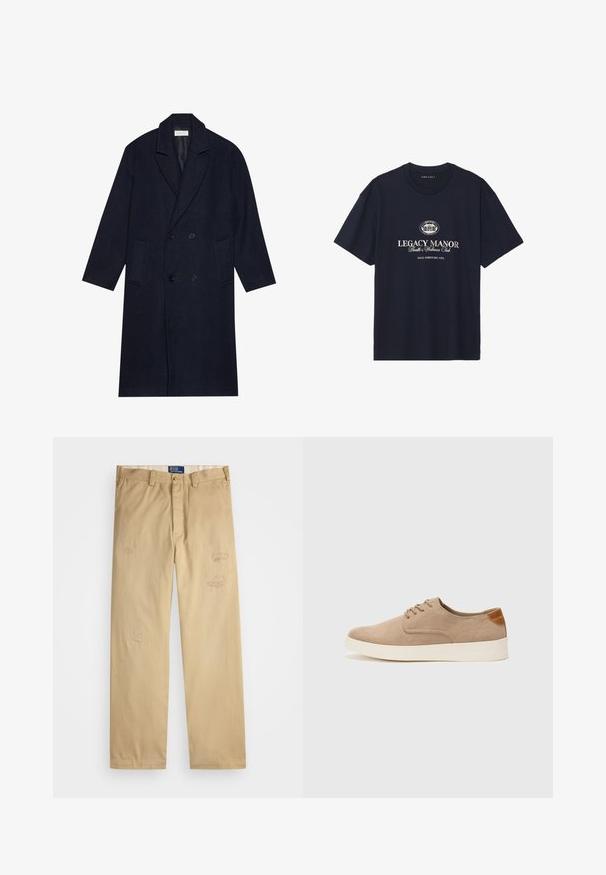Cappotto doppiopetto blu scuro con motivo a spina di pesce, caratterizzato da un colletto a punta, due tasche frontali e tessuto testurizzato.; T-shirt in cotone blu navy con scollo rotondo, maniche corte e una grafica centrale che presenta "Legacy Manor" in caratteri beige.; Pantaloni di cotone beige con taglio dritto. Presentano toppe usurate e dettagli ricamati nella parte anteriore. Chiusura classica con bottone e zip.; Sneaker in suede beige con punta arrotondata, stringhe davanti e un accento testurizzato sul retro. La suola in gomma bianca offre un contrasto. Design semplice e moderno.