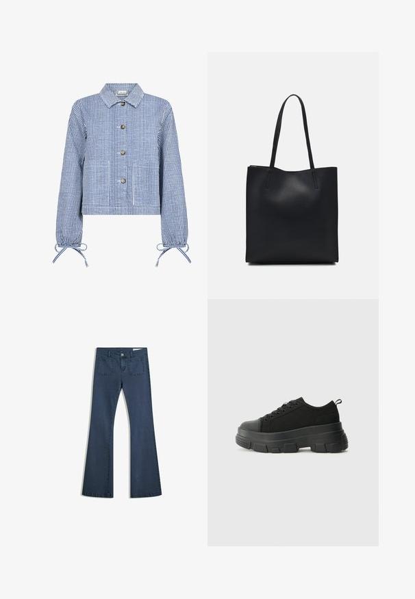 Črtasta modro-bela skrajšana jakna z gumbnim zapiranjem spredaj, dolgimi rokavi z nabranimi manšetami, dvema sprednjima žepoma in klasičnim ovratnikom.; Črna majica iz bombaža s kratkimi rokavi, ki pokriva belo dolgi rokav z subtilnim teksturiranim vzorcem. Oblika izrezanega vratu.; Temno modri široki kavbojke iz denima s prišitimi žepi, gumbom za zapiranje in gladko teksturo. Imajo klasičen dizajn s petimi žepi.; Črne teniske z debelim gumijastim podplatom, zgornji del iz teksturirane tkanine, okrogla punta in zavezovanje z vrvicami. Vključujejo ojačane luknje za vrvice in zanko na hrbtu.; Črna usnjena torba s svilnato teksturo, pravokotne oblike in dvema dolgima ročajema. Brez vidnih metalnih delov ali okrasnih elementov.