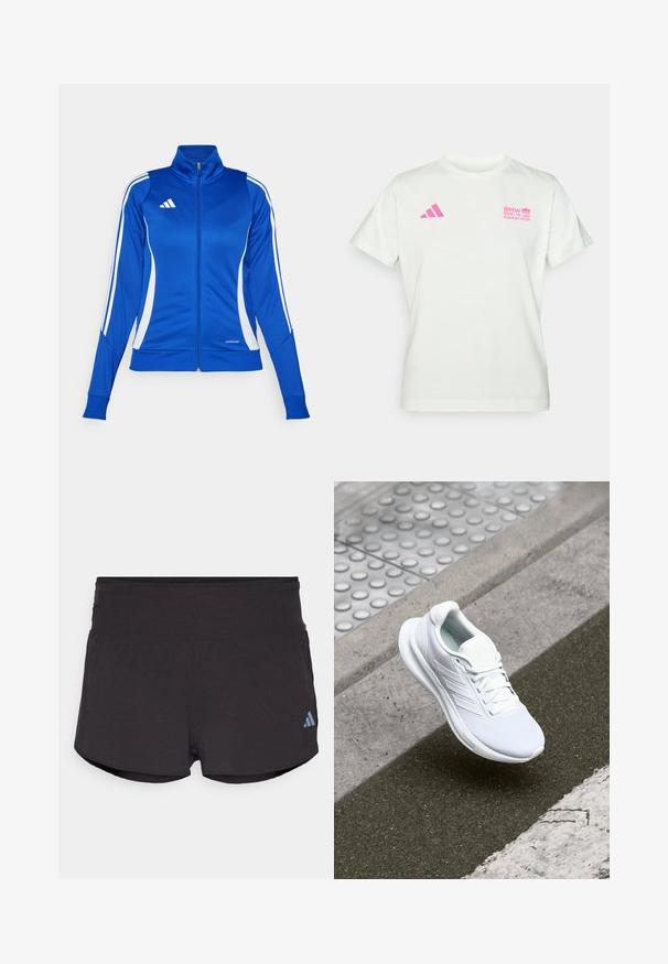 Blå idrettsjakke med glidelås og hvite sidepaneler samt tre striper på ermene. Materialet er glatt og litt elastisk. Den har høy krage.; Hvit T-skjorte med korte ermer med rosa Adidas-logo på venstre bryst og BMW Berlin Marathon-logo på høyre bryst.; Svarte treningsshorts med teksturert overflate, med en bred linning og et Adidas-logo i lyseblått nederst til venstre.; Hvit atletisk sko med mesh-overdel, snørelukking og strukturert såle. Diskret merkevare og sømløse konstruksjonsdetaljer synlige.