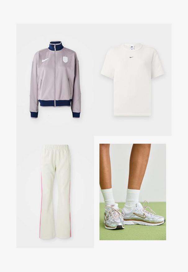 Lys grå treningsjakke med høy krage, glidelås, marineblå detaljer, to sidelommer, og logo på brystet.; Hvit ribbestrikket T-skjorte med rund hals og korte ermer. Har en liten svart Nike-logo på brystet. Struktureret stoff med en tettsittende fasong.; Lys beige bukser med elastisk linning, med rosa sidepaneler og sidelommer. Glatt tekstur med rett ben-design.; Sølvsportssko med hvite og gullfarger, som har et mesh-overdel, gummisåle og en reflekterende finish. Sokker synlige over ankelen.