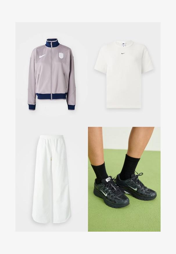 Svijetlosivi sportski jakna s visokim ovratnikom, zatvaranjem na zip, mornarsko plavim akcentima, dva bočna džepa i detaljem logotipa na prsima.; Bijela rebrasta majica s okruglim izrezom i kratkim rukavima. Sadrži mali crni Nike logo na prsima. Teksturirana tkanina s prilagođenim oblikom.; Bijele široke sportske hlače s rebrastim pojasom i suptilnim logotipom. Glatka tkanina s opuštenim krojem i suženim rubom.; Crne Nike tenisice s mrežastim i sintetičkim premazima, s reflektirajućim naglascima, podstavljenom suutom i crnim rebrastim čarapama.