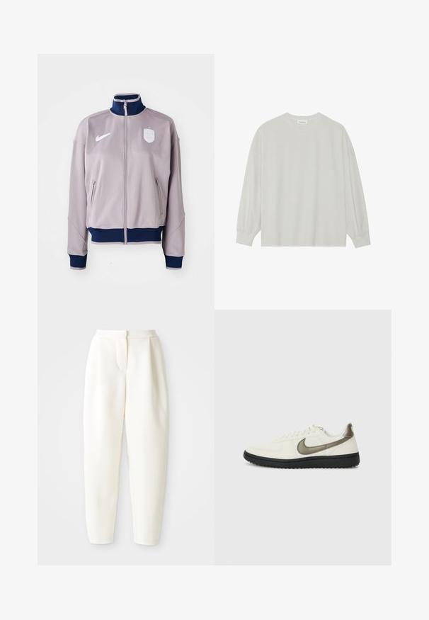 Lysegrå atletisk jakke med høj krave, lynlås lukning, marineblå detaljer, to sidelommer og et logo på brystet.; Lys grå langærmet t-shirt lavet af blød bomuld. Har en løs pasform, rund halsudskæring og let indsamlede manchetter. Ingen mønstre eller grafikker.; Højtaljede tapered hvide bukser med skjult frontlukning og sidelommer, vist på en ensfarvet hvid baggrund.; Nike Sportswear FIELD GENERAL - Sneakers - off-white/black