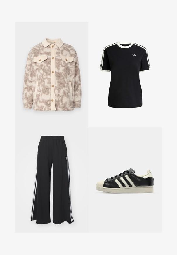 Fleecejacka med ett beige och krämfärgat abstrakt mönster, manchesterkrage, knäppning framtill och två bröstfickor med knapppynt.; Svart bomull t-shirt med vita detaljer på kragen och ärmarna, med tre vita ränder på varje axel och en liten logotyp på bröstet.; Svarta vida sweatpants med elastisk midje, med vita sidosträck och en broderad logotyp på vänster lår.; Svart lädersneaker med vita ränder, gummitåhätta, svarta snören och en krämfärgad sula. Slät textur med blank yta.