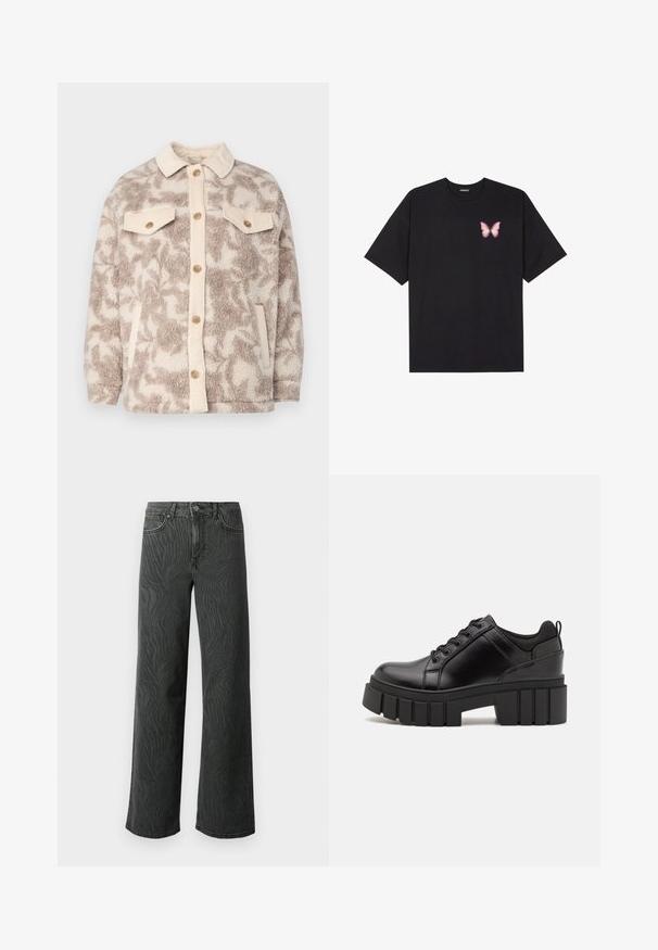 Kurtka polarowa w beżowo-kremowy abstrakcyjny wzór, z kołnierzem z korduroju, zapinana na guziki, z dwoma kieszeniami na piersi z detalami w postaci guzików.; Czarny bawełniany t-shirt z krótkim rękawem, z małym różowym motylkiem na lewej piersi. Klasyczny dekolt z luźnym fasonem.; Jeans o szerokich nogawkach w ciemnoszarym denimu, z subtelną fakturą w zebry, kontrastowym przeszyciem i pięci Pocket designem z zapinaniem na guzik.; Czarne skórzane buty na platformie z masywnym słupkowym obcasem, okrągłym noskiem i klasycznym sznurowaniem. Posiadają gładką teksturę i minimalne wykończenia.