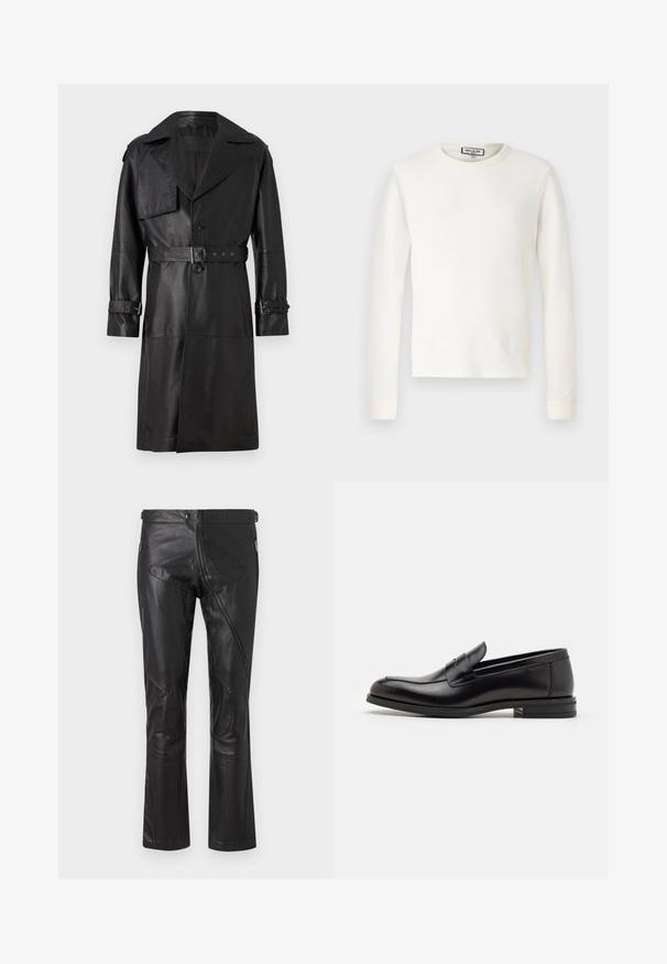 Čierny kožený trenčkot s veľkými klopami, opaskom v páse, ramennými popruhmi a gombíkovými detailmi na rukávoch. Hladká textúra, dĺžka po kolená.; Biely dlhý rukáv termálna blúzka s rebrovanou textúrou, okrúhlym výstrihom a manžetami. Čistý dizajn bez vzorov alebo ďalších detailov.; Čierne kožené nohavice so strihom rovného nohu, vybavené zipsovými vreckami, kolennými záplatami a nastaviteľnými detailmi v páse. Hladká textúra.; Čierne kožené mokasíny s hladkou textúrou, zaoblenou špičkou a dekoračným pásikom cez priehlavok. Nízky vrstvený opätok, minimalistický dizajn.