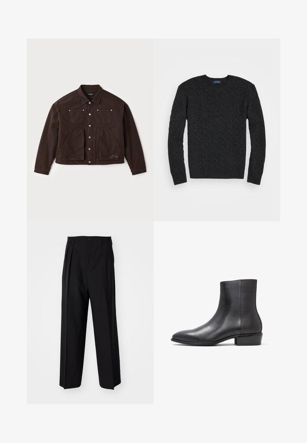 Brown canvas jacket featuring a button-up front, two chest pockets, and two larger front pockets. Notable stitching and logo detail on the side.; Dark gray cable-knit sweater with long sleeves, round neck, and ribbed cuffs and hem. Made from a textured fabric for warmth.; Black pleated trousers with a straight, wide-leg design. Made from smooth fabric, featuring a button closure and belt loops.; ALDO PILLOWWALK+FLEX INSIDE ZIP AMUR - Classic ankle boots - open black