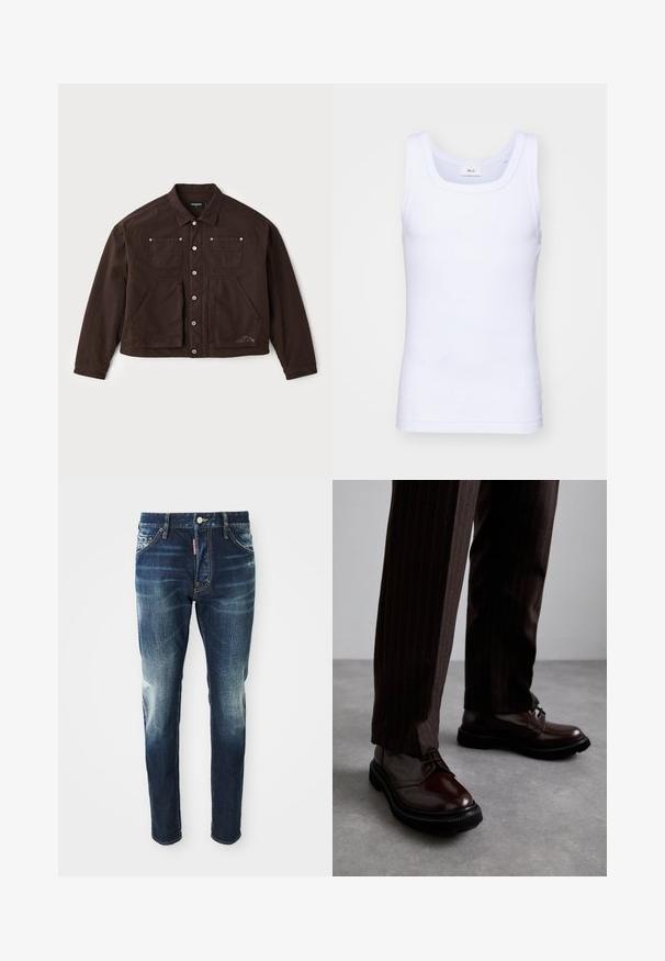 Ruskea kanvaat jacket, jossa on napitettava etuosa, kaksi rintataskua ja kaksi suurempaa etutaskua. Huomionarvoista ompelua ja logoyksityiskohtia sivulla.; Valkoinen puuvillainen hihaton toppi, jossa on pyöreä pääntie. Topissa on sileä pinta ja se on muotoiltu istuvaksi, suunniteltu rentoon käyttöön.; Tummansinisiä farkkuja, joissa on kapea malli. Farkuissa on vaalennettuja kohtia reisdissä ja polvissa, viisi taskua sekä metallinen napitus.; Ruske nahkasaapad, joissa on kiiltävä pinta, musta kumipohja ja hienovarainen ompelu. Yhdistetty raitapolkkaisiin ruskeisiin housuihin.