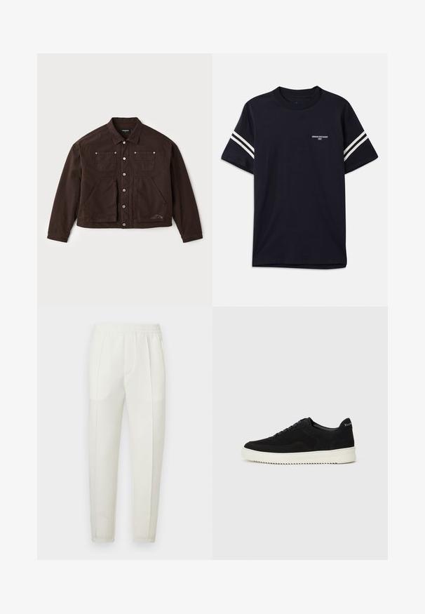 Smeđa platnena jakna s dugmadi sprijeda, dva džepa na prsima i dva veća prednja džepa. Izdvojeni šavovi i detalj loga s strane.; Tamno plava majica od pamuka, s okruglim izrezom, kratkim rukavima i bijelim prugama na ramenima, sa printanim logotipom na prsima.; Bijele uske hlače ravnog kroja s elastičnim pojasom, s dvije džepa sa strane i glatkom, lagano sjajnom teksturom.; Crne nubuk tenisice s vezanjem i kontrastnom bijelom gumenom potplatom. Imaju teksturirane bočne panele i suptilno brendiranje na peti.