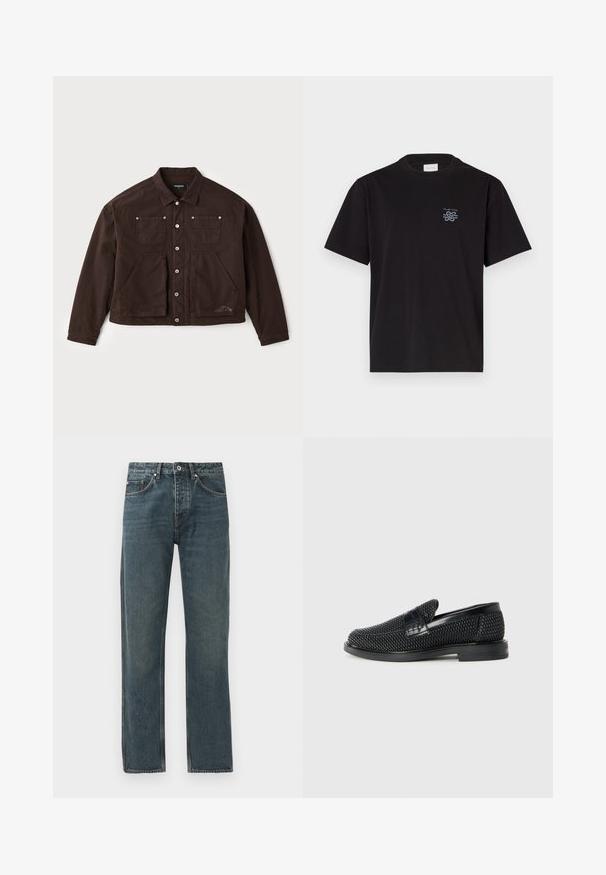 Ruda kanvosinė striukė su užsegimu mygtukais, dviem krūtinės kišenėmis ir dviem didesnėmis priekinėmis kišenėmis. Išryškinti siuvimo detalės ir logotipas šone.; Juodas medvilninis marškinėliai su apvalia kaklo iškirpte ir trumpomis rankovėmis. Yra mažas mėlynas logotipas ant kairiojo krūtinės. Paprastas, tiesus kirpimas.; Tamsiai mėlyni džinsai su tiesiomis kojomis, turintys penkis kišenes, mygtuko uždarymą ir kontrastingus siuvimo akcentus.; Juodas pintas slip-on tipo batelis su lygiu odiniu akcentu viršuje, apvalios nosies dizainas ir žemas guminis padas.