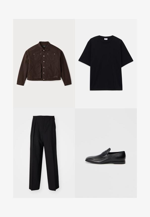 Brun canvasjakke med knaplukning foran, to brystlommer og to større lommer foran. Bemærkelsesværdig syning og logodetalje på siden.; Sort oversized T-shirt med korte ærmer og rund halsudskæring, med synlig Filippa K mærke indeni kraven.; Sorte plisserede bukser med et lige, bred ben-design. Fremstillet af glat stof, med en knaplukning og bæltesløjfer.; Sorte læder slip-on sko med spids tå, glat overflade og diskret branding på siden. Lav hæl med et rent, minimalistisk design.