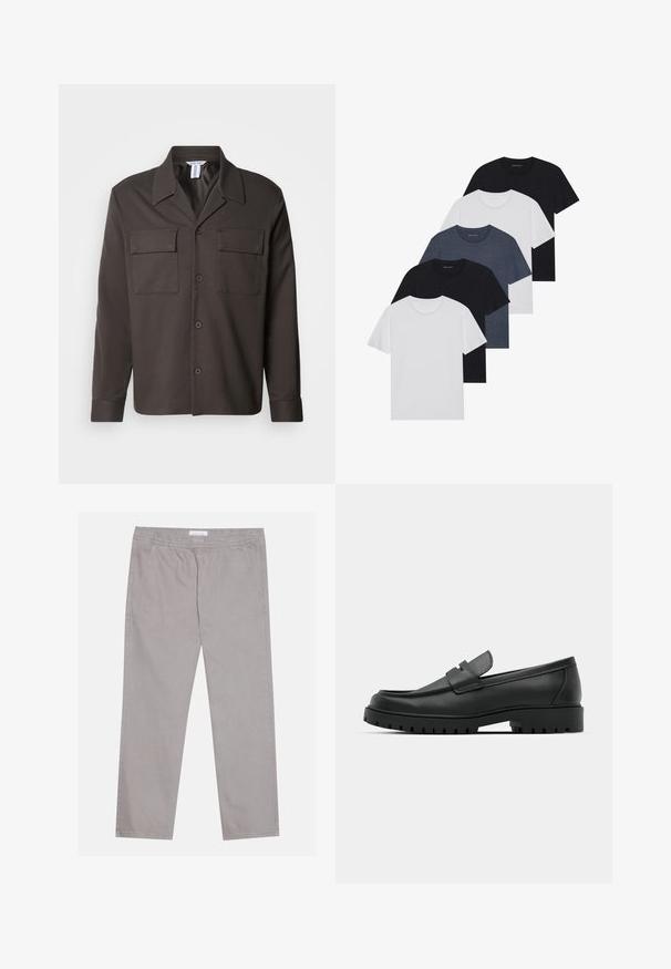 Camicia button-up marrone scuro con colletto, due taschini sul petto e maniche lunghe. Realizzata in tessuto morbido con una vestibilità su misura.; Set di cinque t-shirt in nero, bianco e blu navy. Tessuto di cotone, maniche corte, design a collo rotondo e texture semplice senza motivi.; Pantaloni di cotone grigio chiaro con vita elastica, due tasche laterali, design a gamba dritta e una trama liscia. Dettaglio di cuciture semplice.; Mocassini in pelle nera con punta rotonda, caratterizzati da un design cucito, suola piatta bassa e un battistrada in gomma testurizzata e scolpita.