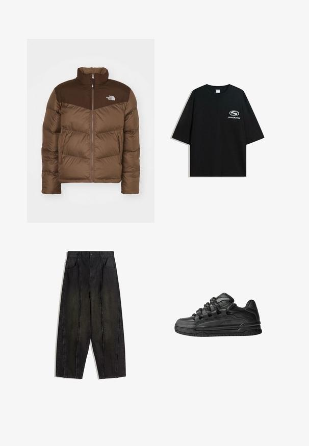 Rjava puffer jakna z zadrgo spredaj, visokim ovratnikom in temnejšim rjavim poudarkom na ramenih. Vključuje logo na levem prsnem delu.; Črna prevelika bombažna majica z okroglo ovratnico in kratkimi rokavi, z belim logotipom "Shibuya" natisnjenim spredaj.; Črne široke jeans hlače z vidnimi šivi in razpršenimi robovi, ki imajo dve sprednji žepi in visok pas.; Črne superge z gladkim usnjenim zgornjim delom, teksturiranimi detajli in okroglimi črnimi ter belimi vezalkami. Debel gumijast podplat z vzorčastim profilom.