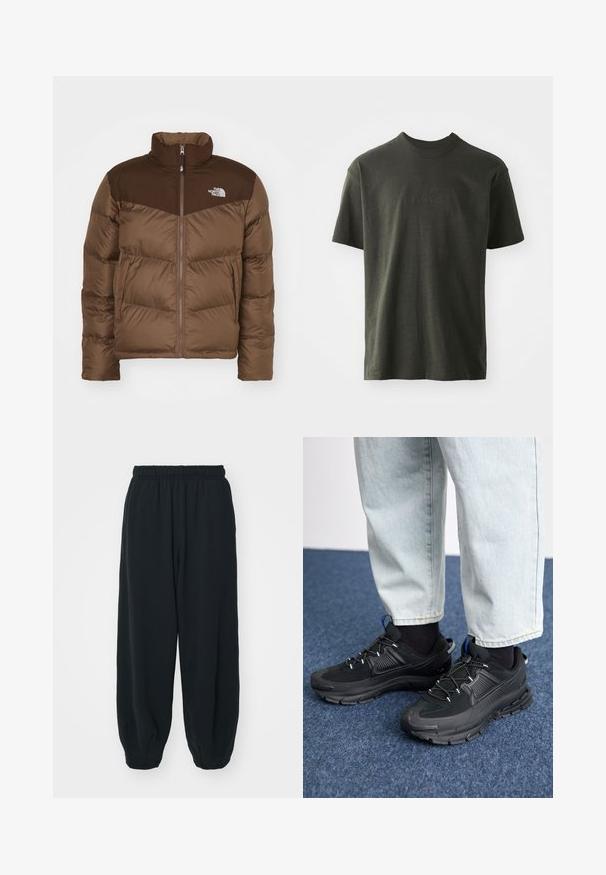 Chaqueta acolchada marrón con cierre de cremallera en el frente, cuello alto y un acento marrón más oscuro en los hombros. Incluye el logo en el lado izquierdo del pecho.; Camiseta verde oscura de tela suave, con cuello redondo y mangas cortas. Logo "nike" bordado en un verde ligeramente más oscuro.; Pantalones de chándal negros con cintura elástica, de corte holgado, con puños en los tobillos, textura suave y sin patrones visibles ni acentos metálicos.; Zapatillas deportivas negras con tejido texturizado y suelas de goma, con cordones elásticos y un acento azul en el talón. Combinadas con pantalones de mezclilla claros.