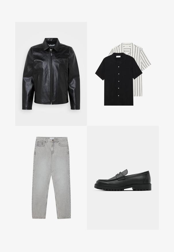 Jacket de couro preto com gola, fecho frontal, dois bolsos laterais e uma textura suave. Apresenta um logotipo da marca dentro da gola.; Duas camisas de manga curta: uma preta sólida e uma branca com riscas verticais pretas. Ambas possuem fecho de botões e um colarinho clássico.; Calças de ganga cinza claro com um design de perna reta, estilo de cinco bolsos e fecho com botão. Costura visível ao longo das costuras.; Sapatilhas de couro preto com bico arredondado, apresentando um design cosido, sola de plataforma baixa e um solado de borracha texturizado e com cravos.