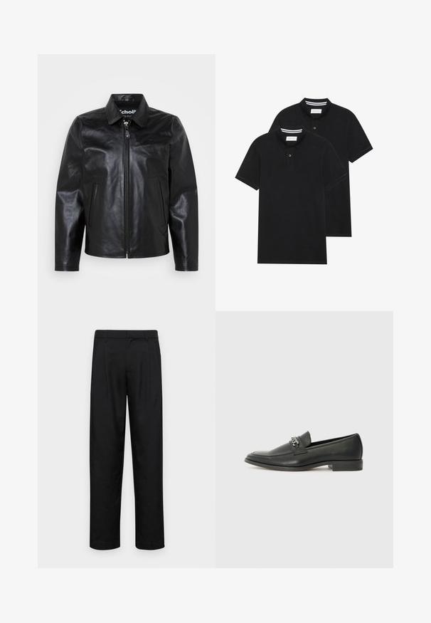Črna usnjena jakna s ovratnikom, sprednjim zadrgo, dvema stranskima žepoma in gladko teksturo. Značilna blagovna znamka je v ovratniku.; Dve črne polo majice, kratke rokave, iz bombažnega materiala, z klasik ovratnikom, dvobodno zaponko in belimi črtkami znotraj ovratnika.; Črne hlače iz gladkega materiala, s krojem ravne noge, dvema sprednjima pregiboma in standardnim pasom z zankami za pas.; Črni usnjeni loafer z gladko površino, ki ima šivano zasnovo in dekorativni kovinski verižni naglas preko vampirja. Ravno peto.