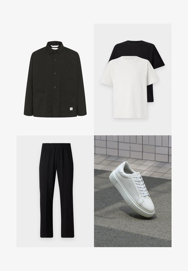 Melns, garām piedurknēm apģērbs, kas izgatavots no mīksta, teksturēta auduma, ar apkakli, priekšējiem pogām, krūšu kabatu un divām lielām priekšējām kabatām.; Kokvilnas T-kreklu komplekts, kas sastāv no melna un baltā T-krekla, abi ar īsām piedurknēm, apaļu kakla izgriezumu un standarta piegriezumu. Faktūras audums.; Melni elastīgi bikses ar taisnas kājas dizainu, ar gludu tekstūru un bez redzamām zīmēm vai detaļām.; Baltas ādas sporta apavi ar gludu virsmu, apaļu pirkstu un plakanām baltām šņorēm. Iezīmējas ar strukturētu gumijas zoli un minimālisma dizaina elementiem.