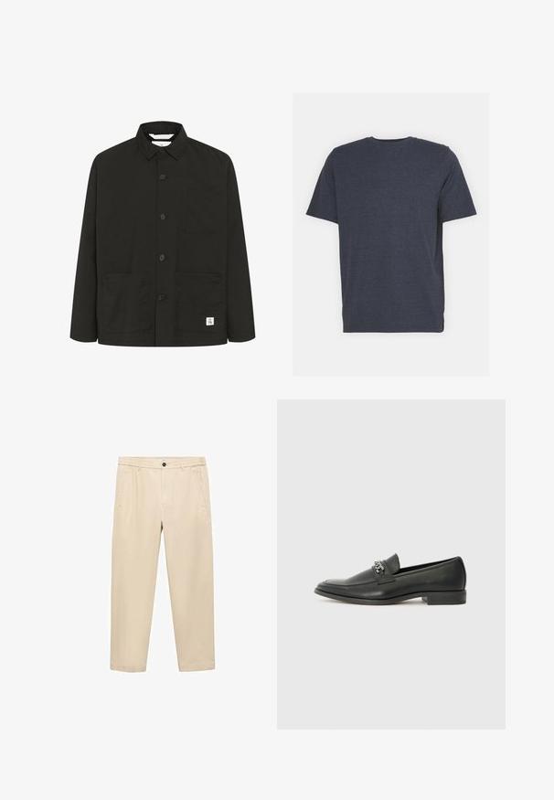 Črna jakna z dolgimi rokavi, izdelana iz mehkega, teksturiranega materiala, ki ima ovratnik, sprednje gumbe, žep na prsih in dva velika sprednja žepa.; T-maica s kratkimi rokavi v mornarsko modri barvi z okroglo izrezom, izdelana iz mehkega bombažnega materiala. Ima redno prileganje in ni vidnih vzorcev ali okrasnih elementov.; Bež hlače za prosti čas, narejene iz mehke tkanine; imajo elastičen pas, sprednje žepe in ravno krojeno hlačnico.; Črni usnjeni loafer z gladko površino, ki ima šivano zasnovo in dekorativni kovinski verižni naglas preko vampirja. Ravno peto.