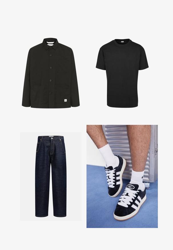 Juodas, ilgomis rankovėmis švarkas, pagamintas iš minkštos, tekstūruotos medžiagos, su apykakle, priekiniais mygtukais, krūtinės kišene ir dviem didelėmis priekinėmis kišenėmis.; Juodas medvilnės marškinėliai su apvaliu iškirpimu, trumpomis rankovėmis ir tiesiu apatine dalimi. Lygus paviršius; paprastas, nepuošnus dizainas.; Tamsūs džinsai tiesaus kirpimo, turintys penkias kišenes, vario nertuves ir kontrastingas siūles išilgai siūlių.; Juodos zomšos sportbačiai su baltais raišteliais ir trimis baltais dryžiais. Ant liežuvėlio yra apvalus juodas logotipas, o pado medžiaga – guminė.