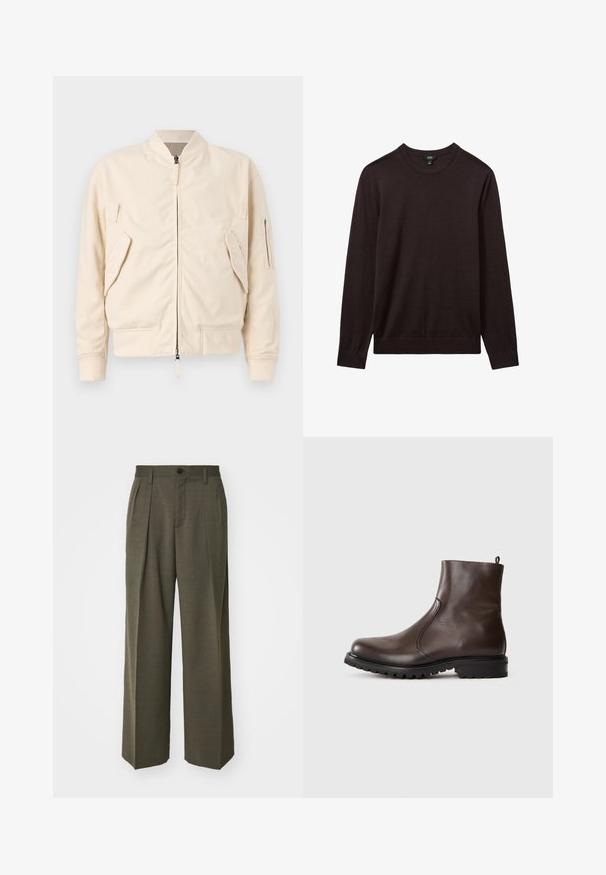 Jasno beżowa kurtka bomberka wykonana z mieszanki bawełny. Posiada zamek błyskawiczny, dwie przednie kieszenie oraz jedną kieszeń na rękawie. Ściągacze przy mankietach i na dole.; Reiss - Sweter; Filippa K - Spodnie materiałowe; Brązowe skórzane botki za kostkę o gładkiej powierzchni, z elastycznymi bocznymi panelami, pętelką z tyłu oraz wytrzymałą gumową podeszwą.