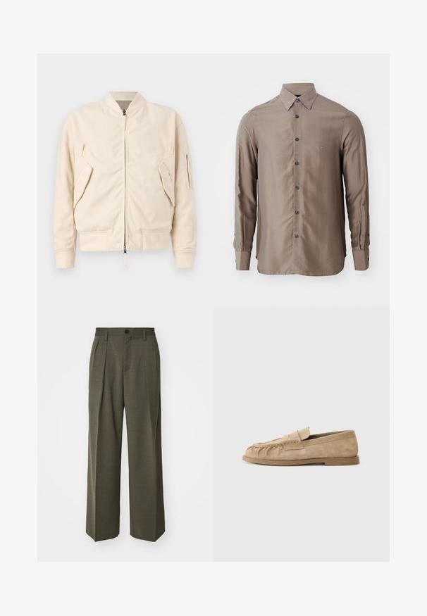 Svijetlosmeđa bomber jakna od mješavine pamuka. Ima zatvaranje na zip, dva prednja džepa i jedan džep na rukavu. Rebrasti manžeti i donji rub.; Košulja dugih rukava u taupe boji, izrađena od glatkog materijala, s gumbima sprijeda i tamnim gumbima, te malim logotipom na prsima.; Filippa K WIDE TROUSERS - Hlače - driftwood; Bež antilop cipele bez vezivanja s nabranim dizajnom, s ravnim potplatom i ukrasnom trakom preko gornjeg dijela. Glatka tekstura.