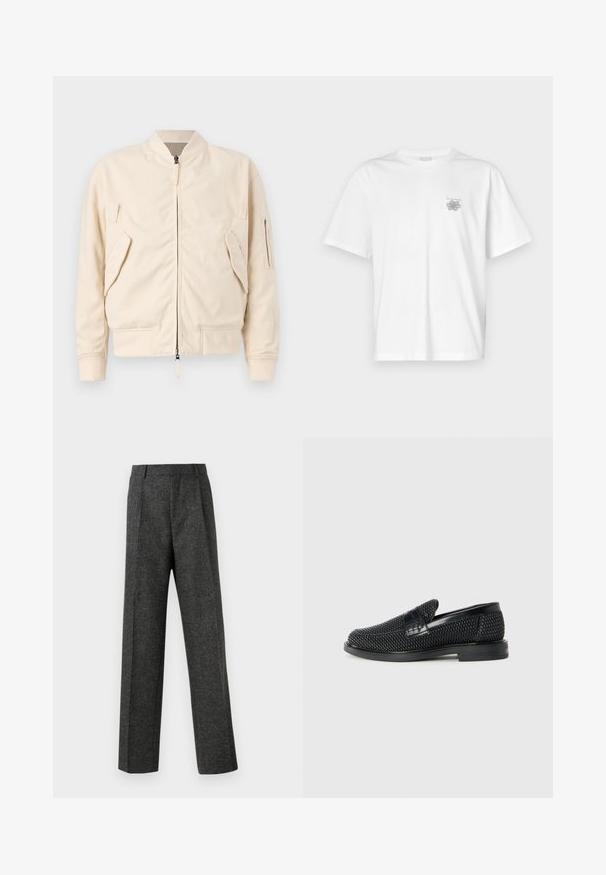 Jaqueta bomber de tom bege claro, feita de uma mistura de algodão. Apresenta um fecho de correr, dois bolsos frontais e um bolso na manga. Punhos e bainha canelados.; Camisa branca de algodão com mangas curtas, gola redonda e um pequeno logótipo cinza na área do peito esquerdo. Textura suave.; Calças cinzentas ajustadas, feitas de um tecido texturizado, com duas pregas frontais e um design de perna reta. Sem bolsos visíveis ou enfeites.; Sandalha preta entrelaçada com um accento de couro liso na parte superior, design de biqueira redonda e sola de borracha de perfil baixo.