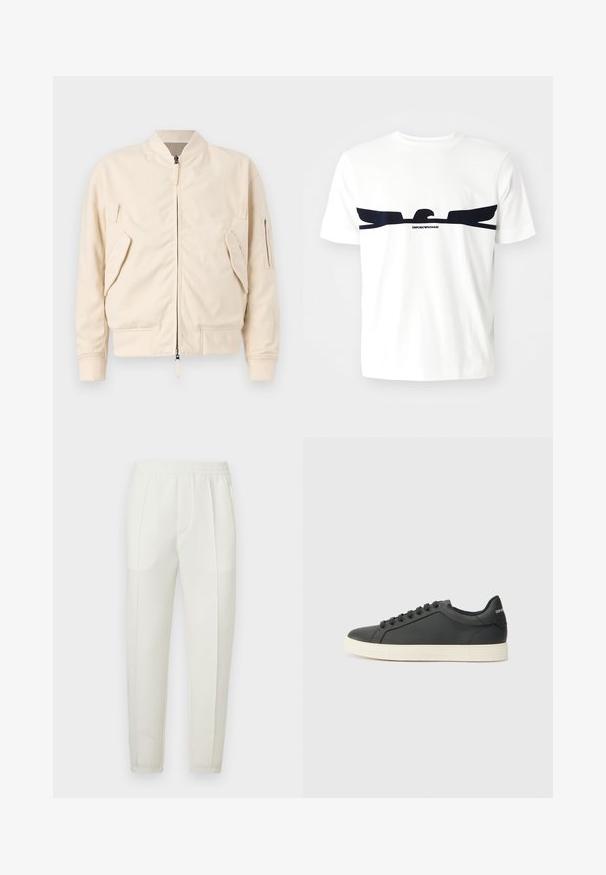 Light beige bomber jacket made of cotton blend. Features a zip closure, two front pockets, and one sleeve pocket. Ribbed cuffs and hem.; White cotton t-shirt featuring a navy blue eagle graphic and "EMPORIO ARMANI" text below the design. Short sleeves and a crew neck.; White slim-fit pants with an elastic waistband, featuring two side pockets and a smooth, slightly shiny texture.; Black leather sneaker with a low profile, rounded toe, and lace-up closure; features a textured rubber sole and logo detail on the heel.