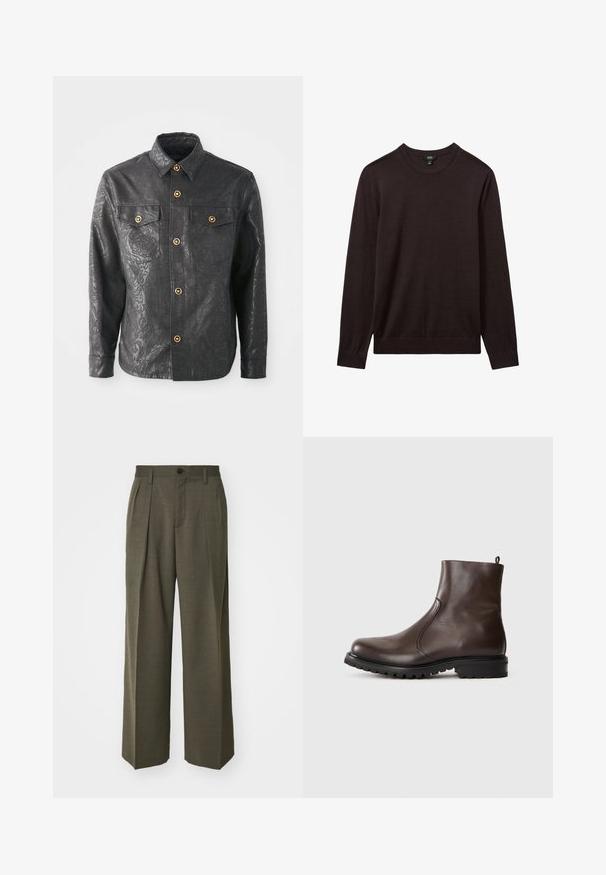 Juodas mygtukų marškiniai, pagaminti iš tekstūruoto audinio, su subtiliu gėlių raštu, auksinės spalvos mygtukais ir dviem krūtinės kišenėmis.; Reiss Džemperis - dark bordeaux; Filippa K WIDE TROUSERS - Kelnės - driftwood; Rudos odinės aulinukai iki kulkšnies su lygiu paviršiumi, elastingomis šoninėmis dalimis, užtrauktuku gale ir sunkiu guminėm padu.