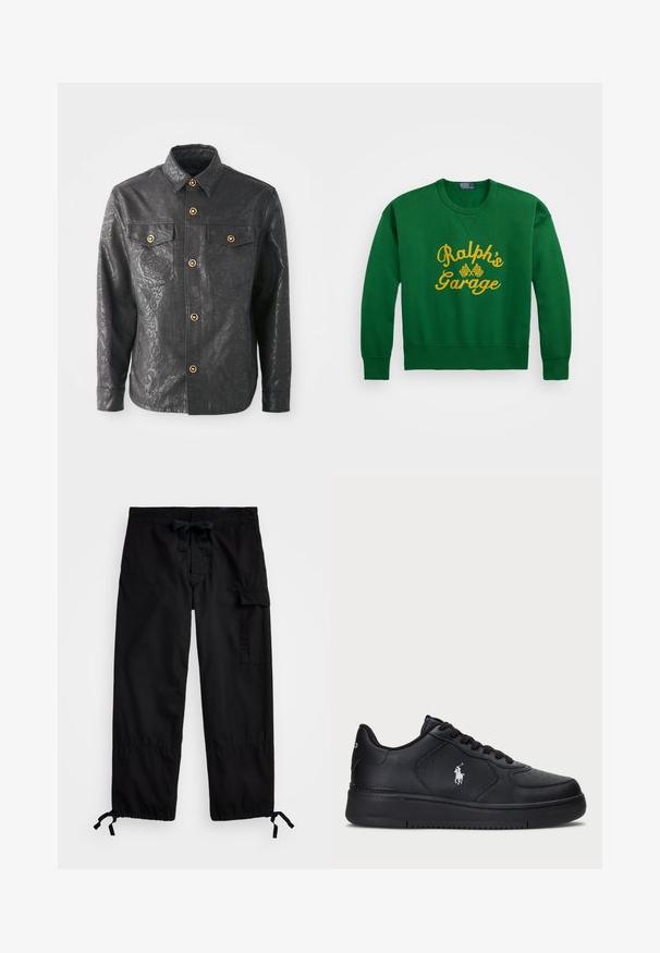 Cămașă neagră cu nasturi, fabricată dintr-un material texturat, având un model floral subtil, nasturi de culoare aurie și două buzunare pe piept.; Hanorac verde cu guler rotund, decorat cu text brodat galben "Ralph's Garage" și detalii cu steag în carouri. Material din amestec de bumbac.; Pantaloni cargo negri cu talie elastică și șnur. Dispun de buzunare laterale și manșete ajustabile cu clești. Fabricat dintr-un material ușor.; Adidași negri din piele cu un design perforat, închidere cu șireturi plate și un logo brodat alb pe lateral. Talpă groasă din cauciuc negru.