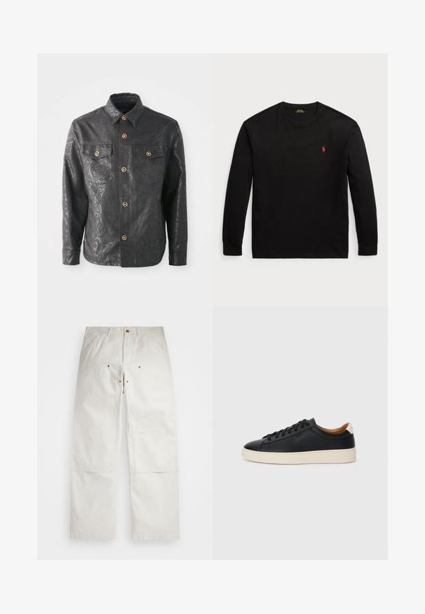 Camisa preta de botão, feita de um tecido texturizado, com um padrão floral subtil, botões em tom dourado e dois bolsos no peito.; Camisola de manga longa preta feita de algodão. Apresenta um colarinho redondo, punhos canelados e um pequeno logo bordado vermelho no peito. Textura suave.; Calças de algodão brancas com um corte relaxado, apresentando bolsos frontais, detalhes em hardware dourado e remendos nos joelhos.; Tenis de couro preto com uma textura suave, sola de borracha bege, design de atar e um destaque no calcanhar em contraste.