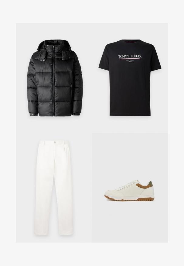 Black puffer jacket with a high collar, zip-up front, and two side zip pockets. Features padded sections and buttoned cuffs. Smooth texture.; Black cotton t-shirt featuring a white and colored "TOMMY HILFIGER" logo with "NEW YORK" and "1985" in smaller text below. Short sleeves, crew neck.; White trousers made from smooth fabric, featuring a straight leg design, front pleats, and a single button closure at the waist.; Tommy Hilfiger BASKET CORE - Trainers - ecru/army green