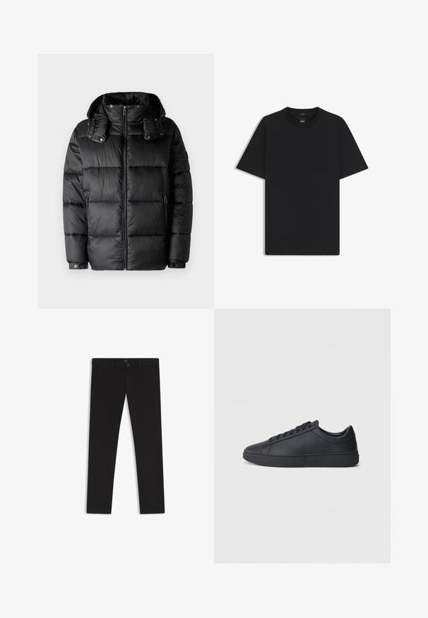 Sort dunjakke med høj krave, lynlås foran og to sidelommer med lynlås. Har polstrede sektioner og knapmanchetter. Glat tekstur.; Sort kortærmet T-shirt lavet af en glat bomuldsblanding, med en rund halsudskæring og et minimalistisk design uden mønstre eller accenter.; Sorte bukser lavet af stof med en glat tekstur. Har en knaplukning, bæltestropper og sidelommer. Standard design med lige ben.; Sorte sneakers lavet af glat læder med lavtopdesign, rund tå og flad gummisål. Har snøringer og subtil branding.