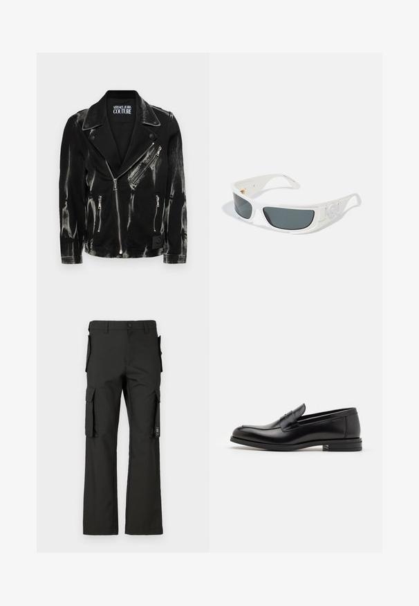 Svart denim motorcykeljacka med slitna detaljer, med silverfärgad dragkedja, asymmetrisk framdragkedja och knäppta slag. Märkesetikett inuti.; Svart polotröja gjord av mjukt material, med långa ärmar och en åtsittande passform. Ribbat avslut vid fåll och ärmslut. Enkelt mönster.; Svarta cargobyxor med rak benform, som har flera sidofickor och knappstängning. Tillverkade av slitstarkt tyg med en mjuk textur.; Svarta läderloafers med en slät yta, rund tå och ett dekorativt band över främre delen. Låg staplad klack, minimalistisk design.; Vita solglasögon med grå linser, rektangulär form och texturerade accenter på sidan. Utrustad med detaljer i guld.
