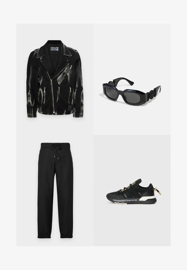 Black denim biker jacket with distressed finish, featuring silver zippers, asymmetrical front zip, and buttoned lapels. Brand label inside.; Black cotton t-shirt with short sleeves featuring large white text "VERSACE JEANS COUTURE" on the front. Classic crew neck design.; Black sweatpants made of soft fabric, featuring an elastic waistband with a drawstring, tapered legs, and elastic cuffs at the ankles.; Black athletic sneakers with a sleek design, featuring gold branding, elastic laces, and a textured sole with white accents.; Black sunglasses with a wide, angular frame and dark tinted lenses. Features textured black sides and a round logo accent on the temple.