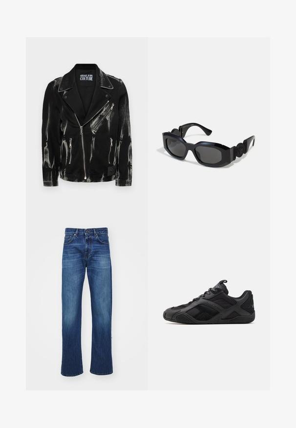Crna denimska bikerska jakna s istrošenim završetkom, koja sadrži srebrne patentne zatvarače, asimetrični prednji patentni zatvarač i zakopčane rever. Ima oznaku brenda unutra.; Bijela polo majica od pamuka sa žutim prugastim detaljima na ovratniku i rukavima, koja ima izvezeni logo na prsima.; Plave traperice s ravnim nogavicama, s prednjim džepovima, petljama za remen i laganim izblijedjelostima duž bedara. Izdržljiv tekstil.; Crne atletske tenisice s mješavinom glatkih i teksturiranih materijala, koje imaju poseban dizajn, oblikovanu đon i istaknute detalje brenda.; Crne sunčane naočale sa širokim, uglatim okvirom i tamno obojenim staklima. Imaju teksturirane crne strane i okrugli logo kao naglasak na sljepoočnici.