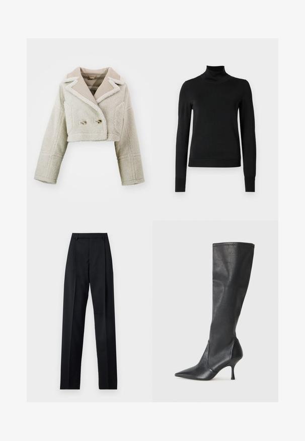 Cropped jacket in light beige, featuring a textured, fuzzy fabric, contrasting smooth collar, double-breasted front, and two side pockets.; Black long-sleeve turtleneck sweater with ribbed cuffs and hem, displayed on a plain white background.; Black trousers made from smooth fabric featuring a high waist, wide legs, front pleats, and classic belt loops. No side pockets visible.; Knee-high black leather boots with a pointed toe and a slim stiletto heel. Smooth texture with a fitted design and stitching at the top edge.