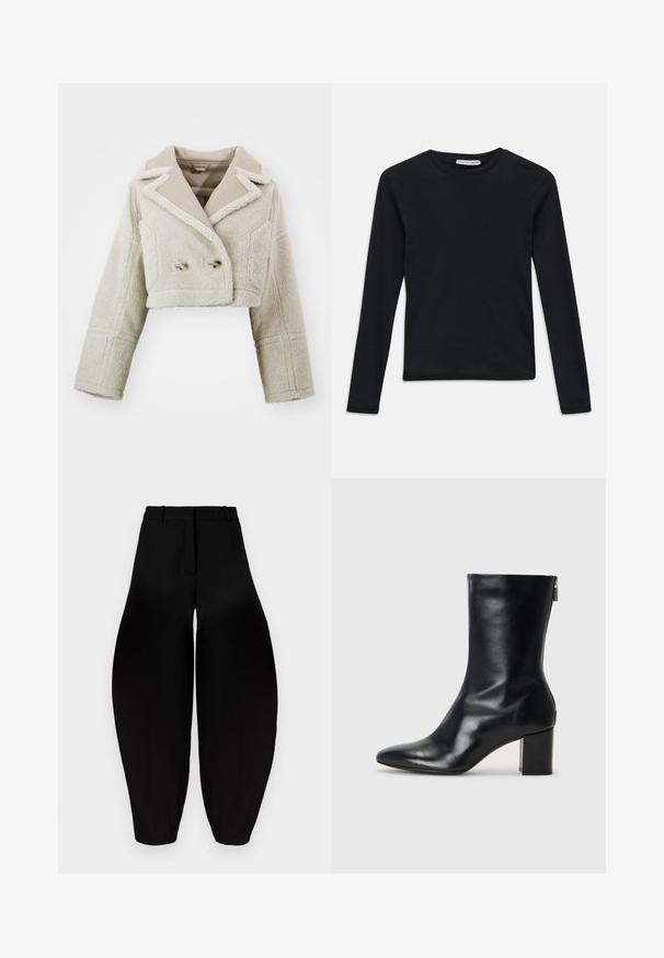 Skraćena jakna u svijetloj bež boji, sa teksturiranim, dlačicastim materijalom, kontrastnim glatkim ovratnikom, dvostrukim kopčanjem sprijeda i dva bočna džepa.; Crna majica dugih rukava s okruglim izrezom, uskog kroja, jednostavan dizajn i mala etiketa "Tiger of Sweden" unutar ovratnika.; Crne široke hlače s visokim strukom, naboranim prednjim dijelom i suženim gležnjevima. Izrađene su od glatkog materijala s mat završnom obradom.; Crne kožne gležnjače s oštrim vrhom i blok petom visokom 4 cm. Elegantni dizajn s bočnim patentnim zatvaračem za jednostavno obuvanje. Glatka tekstura.