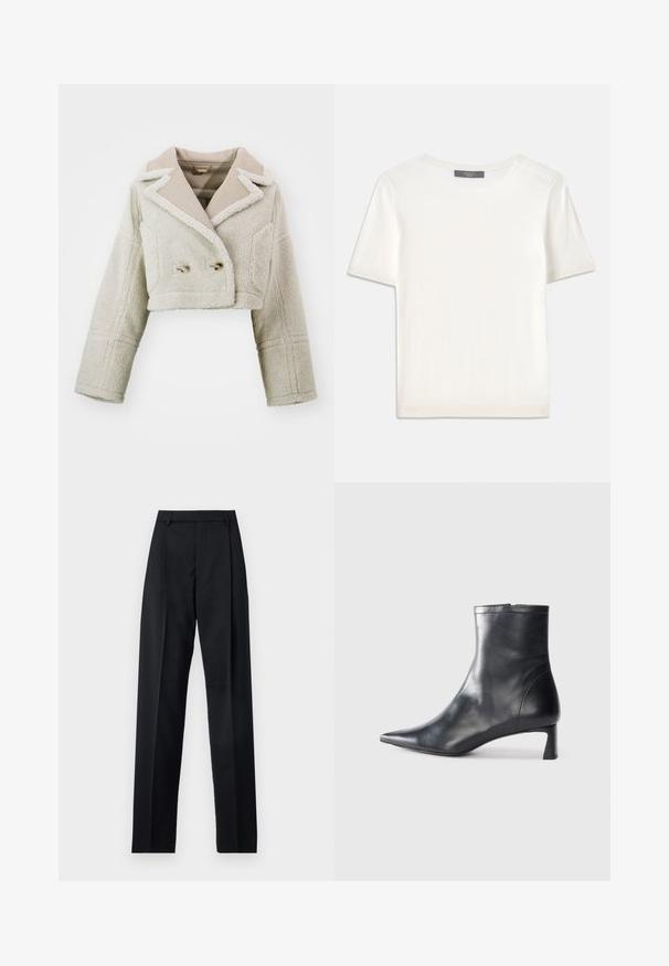 Korte jakke i lys beige med en struktureret, fuzzy stof, kontrasterende glat krave, dobbeltbrystet front og to sidelommer.; Hvid kortærmet strikbluse med rund halsudskæring, der har en glat tekstur og subtile ribbede detaljer ved ærmerne og kanten.; Sorte bukser lavet af glat stof, der har høj talje, brede ben, frontfolder og klassiske bælteløkker. Ingen synlige sidelommer.; Sort læder ankelstøvle med spids tå og et strømlinet design. Har en lav hæl og en lynlås lukning bagpå. Glat tekstur.