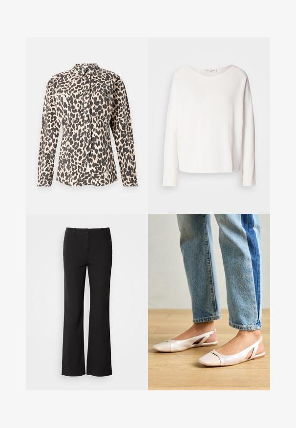 Leopard print button-up shirt with long sleeves, two front pockets, and metallic buttons. Fabric appears textured with a soft finish.; Long-sleeve, round-neck top in soft, lightweight white fabric with a relaxed fit. Features a clean hem and no visible hardware.; Black cotton blend trousers with a straight-leg design, front button closure, and two side pockets. Smooth texture, no visible patterns.; Pale pink slingback flats with a pointed toe, made from a smooth leather-like material. Features cut-out details at the sides and a flat heel.