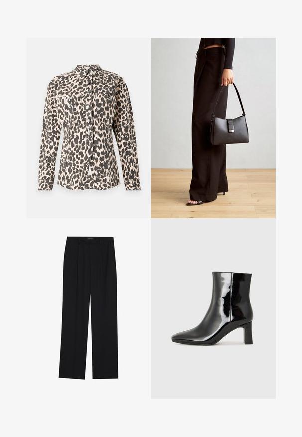 Košela s leopardím vzorom, s dlhými rukávmi, dvomi prednými vreckami a kovovými gombíkmi. Tkanina sa javí ako textúrovaná s jemným povrchom.; Čierny top s nastaviteľnými ramienkami, so strihom s zakriveným výstrihom a detailným čiernym čipkovým lemom pozdĺž vrchu. Hladká saténová látka.; Čierne nohavice so strihom rovného nohu, s dvoma prednými vreckami a pásom. Vyrobené z hladkej, ľahkej textílie.; Čierne lakované členkové topánky s špicatou špičkou a stredne vysokým blokovým podpätkom. Hladká textúra a minimalistický dizajn.; Čierna kabelka so štruktúrovaným tvarom, hladkou textúrou a kovovou sponou. V kombinácii so širokými čiernymi nohavicami a sandálmi s otvorenou špičkou na drevenej podlahe.