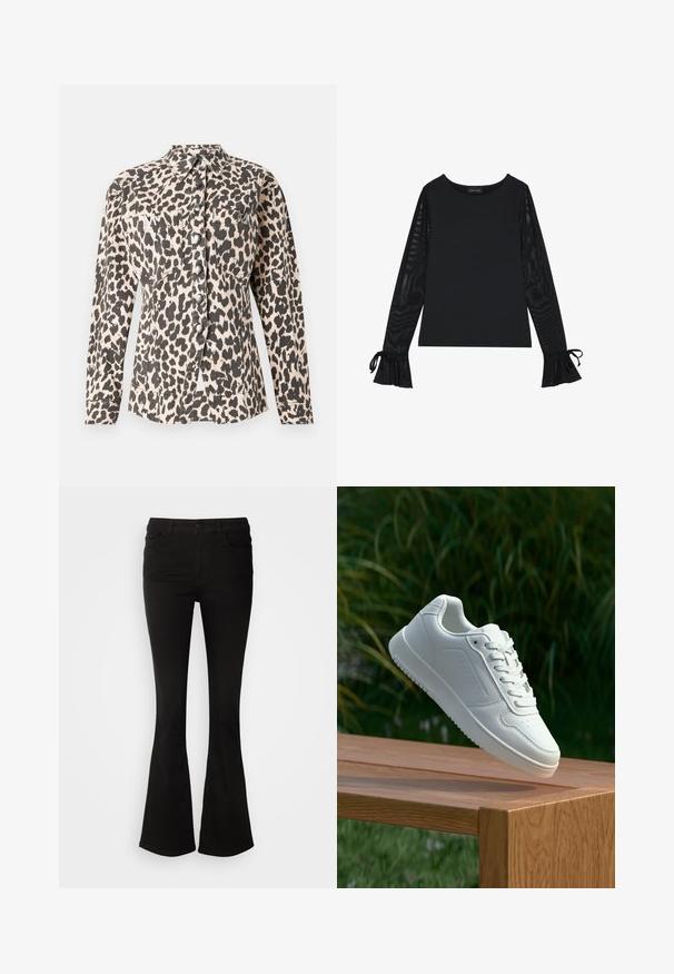 Luipaardprint overhemd met knopen en lange mouwen, twee voorkzakken en metalen knopen. De stof lijkt een gestructureerde uitstraling te hebben met een zachte afwerking.; Zwarte top met een solide lichaam en doorschijnende, uitlopende mouwen. Heeft strikaccenten bij de manchetten. Gemaakt van een gladde stof met een getailleerd ontwerp.; Zwarte flarebroek van rekbare stof, met een tailleband met riemlussen en voorzakken, een zachte textuur en een getailleerde pasvorm tot de knie.; Witte sneaker met een gladde synthetische bovenkant, geperforeerde neus, platte veters en een gestructureerde zool, tentoongesteld op een houten oppervlak.