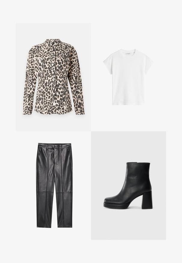 Cămașă cu imprimeu leopard, cu nasturi, mâneci lungi, două buzunare frontale și nasturi metalici. Materialul pare texturat, cu un finisaj moale.; Tricou alb cu mânecă scurtă, din bumbac. Are o croială relaxată, cu decolteu rotund și cusături ale umerilor ușor căzute. Fără modele sau accente.; Pantaloni din piele neagră cu o textură netedă, având o croială dreaptă, două buzunare frontale și detalii vizibile ale cusăturilor.; Botină din piele neagră, cu toc pătrat și talpă platformă, văzută din lateral pe un fundal alb simplu.