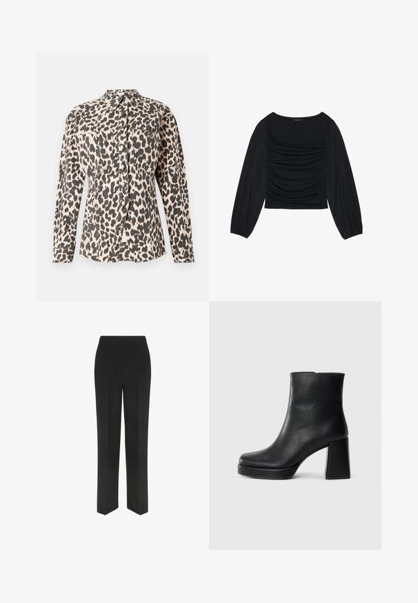 Pletet skjorte med leopardmønster og lange ærmer, to forlommer og metallic knapper. Stoffet virker tekstureret med en blød finish.; Sort langærmet top med samlet stofdetalje foran og ved håndleddene, lavet af blødt, strækbart materiale med bådformet udskæring.; Sorte bukser med lige ben-design, der har en simpel talje og ingen synlige lommer, præsenteret mod en hvid baggrund.; Sort læder ankelstøvle med blokhæl og platformssål, set fra siden på en ensfarvet hvid baggrund.