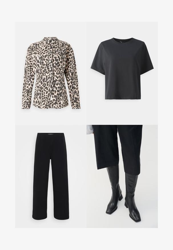 Chemise à boutons en imprimé léopard, à manches longues, avec deux poches avant et des boutons métalliques. Le tissu semble texturé avec une finition douce.; T-shirt en coton noir, à manches courtes, col ras du cou, coupe décontractée, texture lisse, design simple, sans motifs ni accents.; Pantalons larges noirs avec une taille élastique. Fabriqués à partir d'un matériau texturé, ils présentent une coupe ample et droite des hanches à l'ourlet.; Bottes en cuir noir arrivant au genou avec un bout carré et un talon bloc. Elles présentent une fermeture éclair sur le côté et une texture lisse.