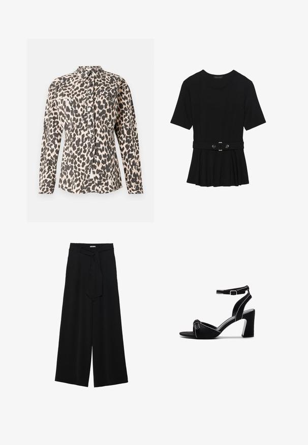 Lapsa ar leopardu rakstu, ar garām piedurknēm, diviem priekšējiem kabatām un metāla pogām. Audums izskatās ar tekstūru un mīkstu apdari.; Melnas īsām piedurknēm topiņš, izgatavots no gludas materiāla, ar pepluma dizainu un jostu ar divām apaļām sudraba krāsas pogām.; Melni platleņķa bikses ar teksturētu audumu, elastīgu jostu un noņemamu siksnu viduklī, kas nodrošina regulējamu piegulšanu.; Melnas zamšādas kurpes ar papēdi uz augstiem blokiem, ar regulējamu potītes siksniņu, atvērtu purngali un kontrastējošu izšuvumu.