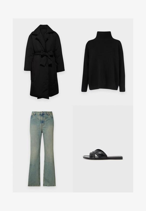 Crni podstavljeni kaput s pojasom u struku, širokim ovratnikom i dugim rukavima. Ima dva bočna džepa i glatku, teksturiranu završnicu.; Crni pleteni džemper s visokim rebrastim ovratnikom, spuštenim ramenima i opuštenim krojem. Ima rebraste manžete i rub radi teksture.; Svijetloplave traperflare traperice s visokim strukom, pet džepova i zatvaračem. Čista, izblijedjela završna obrada s suptilnim detaljima šivanja.; Crne natikače s glatkom kožnom završnom obradom, s ukriženim trakama i izrezbarenim detaljima, te ravnim, fleksibilnim potplatima.