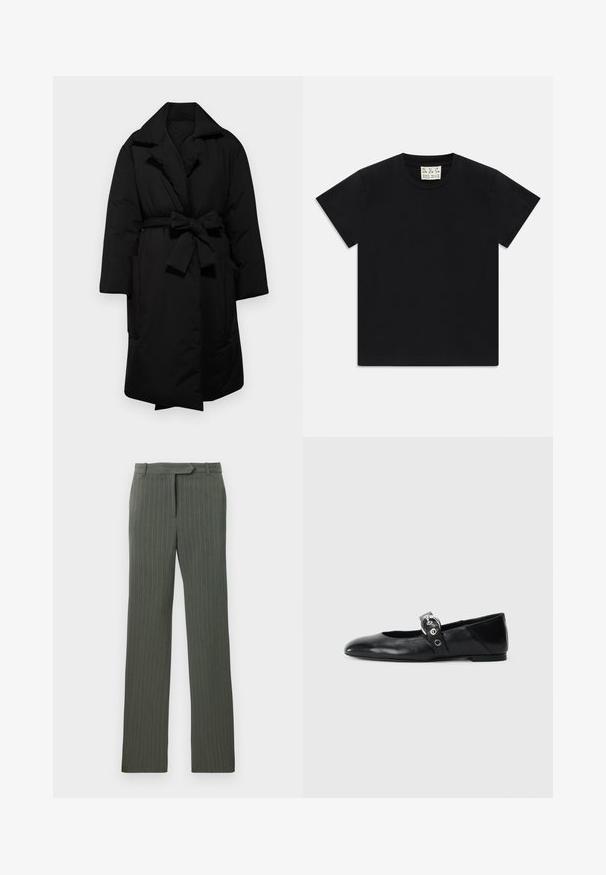 Črn podložen plašč z pasom, širokim ovratnikom in dolgimi rokavi. Ponuja dve stranski žepki in gladko, teksturirano površino.; Črna kratka majica s kratkimi rokavi in krožnim izrezom, z belim etiketom znotraj ovratnika, označenim z "D.R.C. EST. 2002", na belem ozadju.; Temno sivi kostimski hlače s črtastim vzorcem, z zankami za pas in ravnim krojem, razporejene na belem ozadju.; Črne usnjene baletne balerinke s koničastim nosom, ki imajo trak z okroglo kovinsko zaponko in ravno podplat.