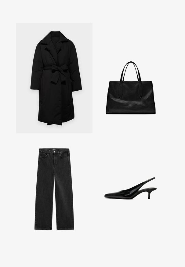 Svart vadderad jacka med bälte i midjan, bred krage och långa ärmar. Har två sidofickor och en slät, strukturerad yta.; Svart kortärmad t-shirt med rund halsringning och rak fåll, visad liggande på en vit bakgrund.; Bredbenta svarta denimjeans med ett subtilt vertikalt randmönster, med femfickorsdesign och en klassisk knäppning i midjan.; Svart spetsig slingback-sko med en glansig läderfinish och en tunn, låg klack. Har en utskärning på sidan för andningsförmåga.; Svart läder tote-väska med två förlängda handtag, en strukturerad form, slät textur och minimalistisk design. Inga synliga beslag eller detaljer.