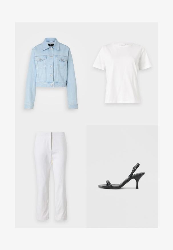 Jachetă din denim de culoare albastru deschis, cu un design scurt, închidere cu nasturi, două buzunare pe piept și detalii subtile de cusătură. Guler clasic și mâneci lungi.; Tricou alb din bumbac cu mâneci scurte, guler rotund și o croială relaxată. Textură netedă, fără imprimeuri sau accente, design minimalist.; Pantaloni din bumbac alb, cu un design drept, având talie medie și fără hardware sau modele vizibile. Textură uniformă pe întreaga suprafață.; Sandale cu toc înalt din piele neagră, cu un toc subțire și curbat și un design cu curea încrucișată. Curea la gleznă ajustabilă. Textură netedă.