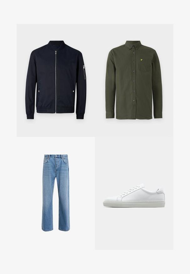 Navy bomber jacket made of smooth, lightweight fabric. Features a front zipper, ribbed collar, and side pockets with silver accents.; Dark green long-sleeve button-up shirt with button-down collar, chest pocket, and small yellow embroidered bird logo on pocket.; Light blue denim jeans with a straight-leg design, five pockets, button closure, minimal fading, and contrasting stitching details.; White sneaker with a smooth leather upper and a low profile. Features a rounded toe, six eyelets, and a textured rubber sole.